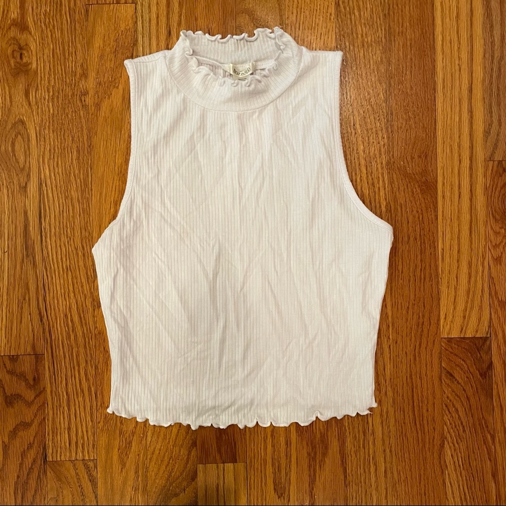 Bozzolo white ribbed mockneck ruffle-hem tank top